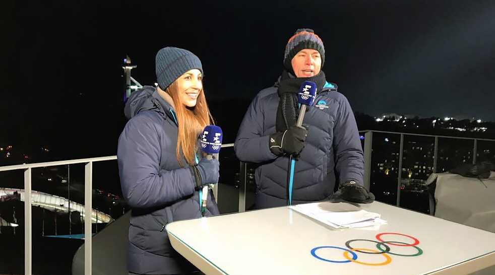 Shelley Rudman presenting at the Winter Olympics, South Korea 2018, with Jonathon Edwards